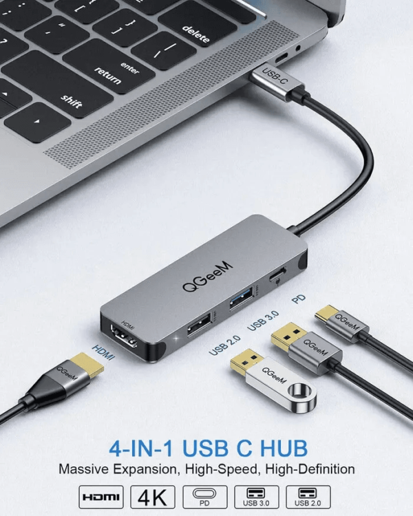 Hub adaptador USB tipo C QGeeM M4V03 con salida HDMI 4K y carga de 100W