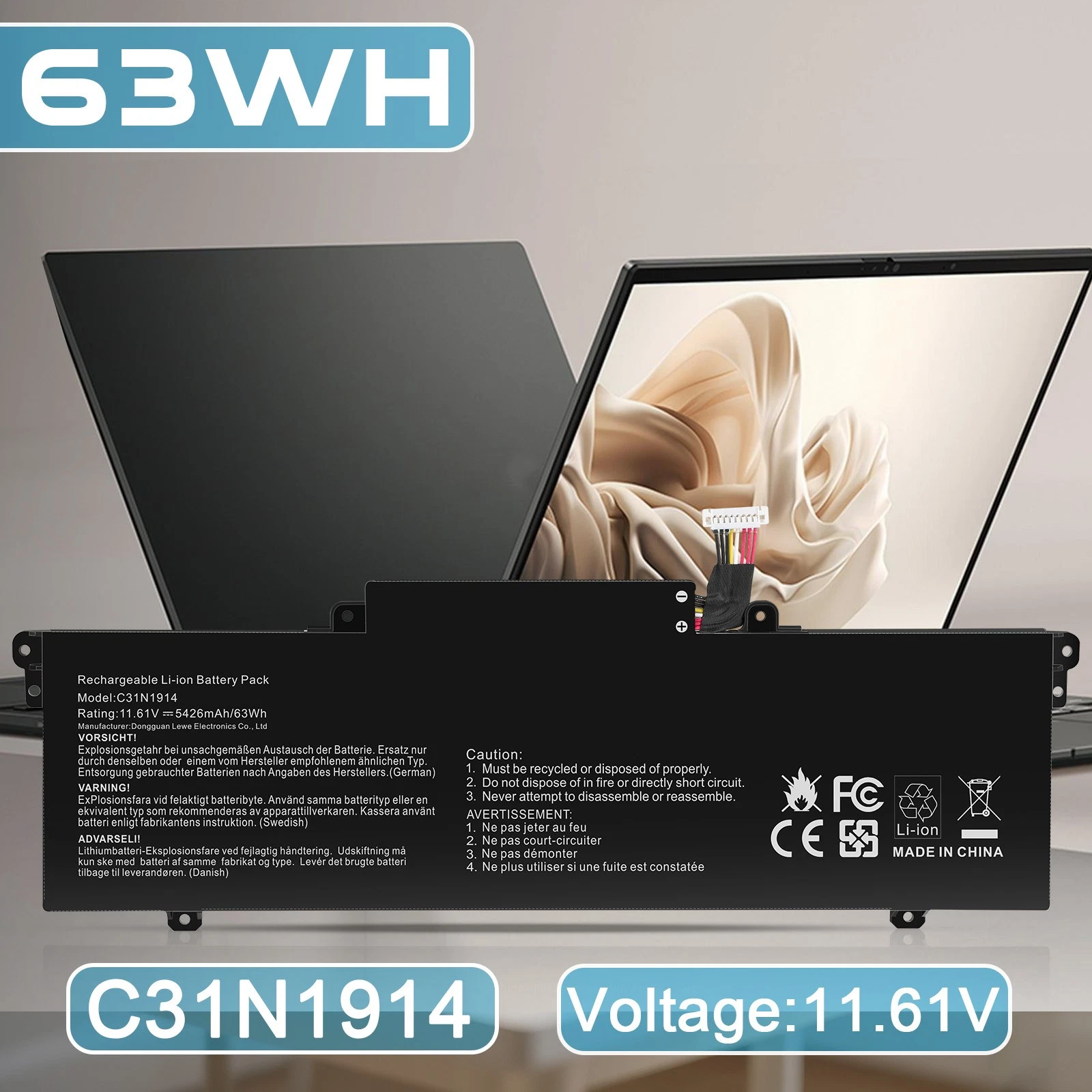 Batería para Asus C31N1914 UX435EA UM425QA UX425UG UX435EG 63Wh - Imagen 3