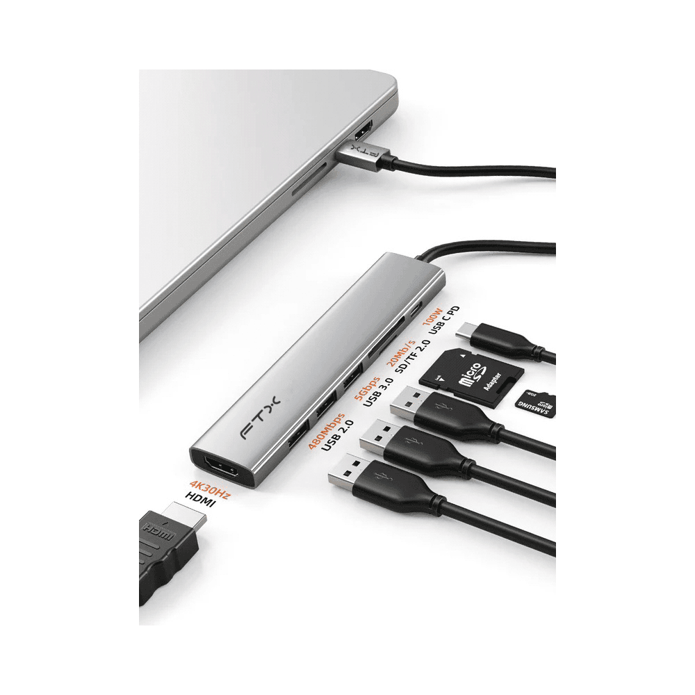 Adaptador Hub 7 en 1 USB-C - HDMI/USB-A/USB-C/SD FTX HBP2-AG7 4K/30HZ/100W/5GBPS