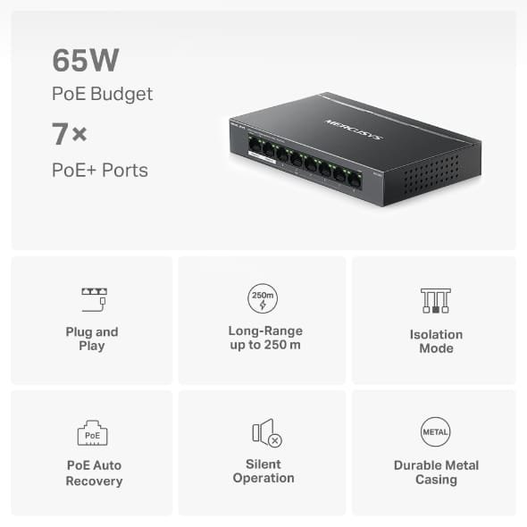 Switch Mercusys MS108GP de 8 puertos Gigabit con 7 puertos PoE+ - Imagen 4