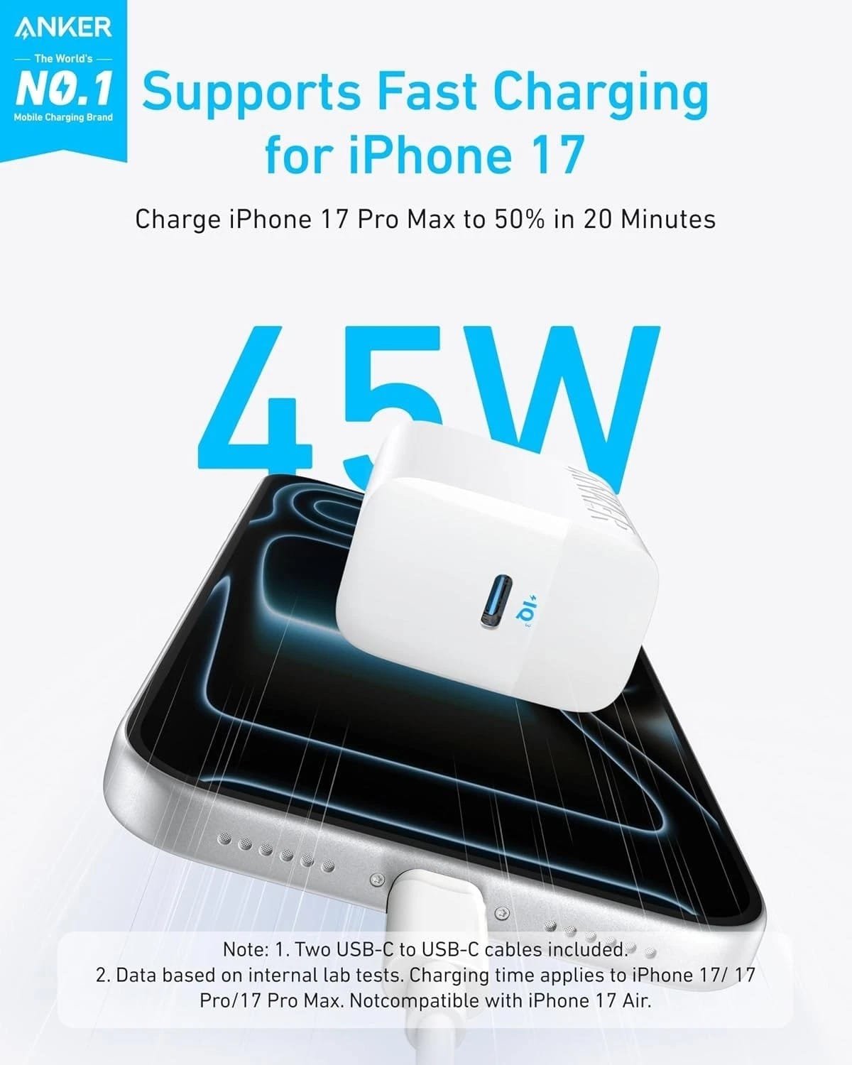 Cargador Anker USB-C 45W GaN carga rápida + cable USB-C 100W Iphone 15 16 17 - Blanco - Imagen 2
