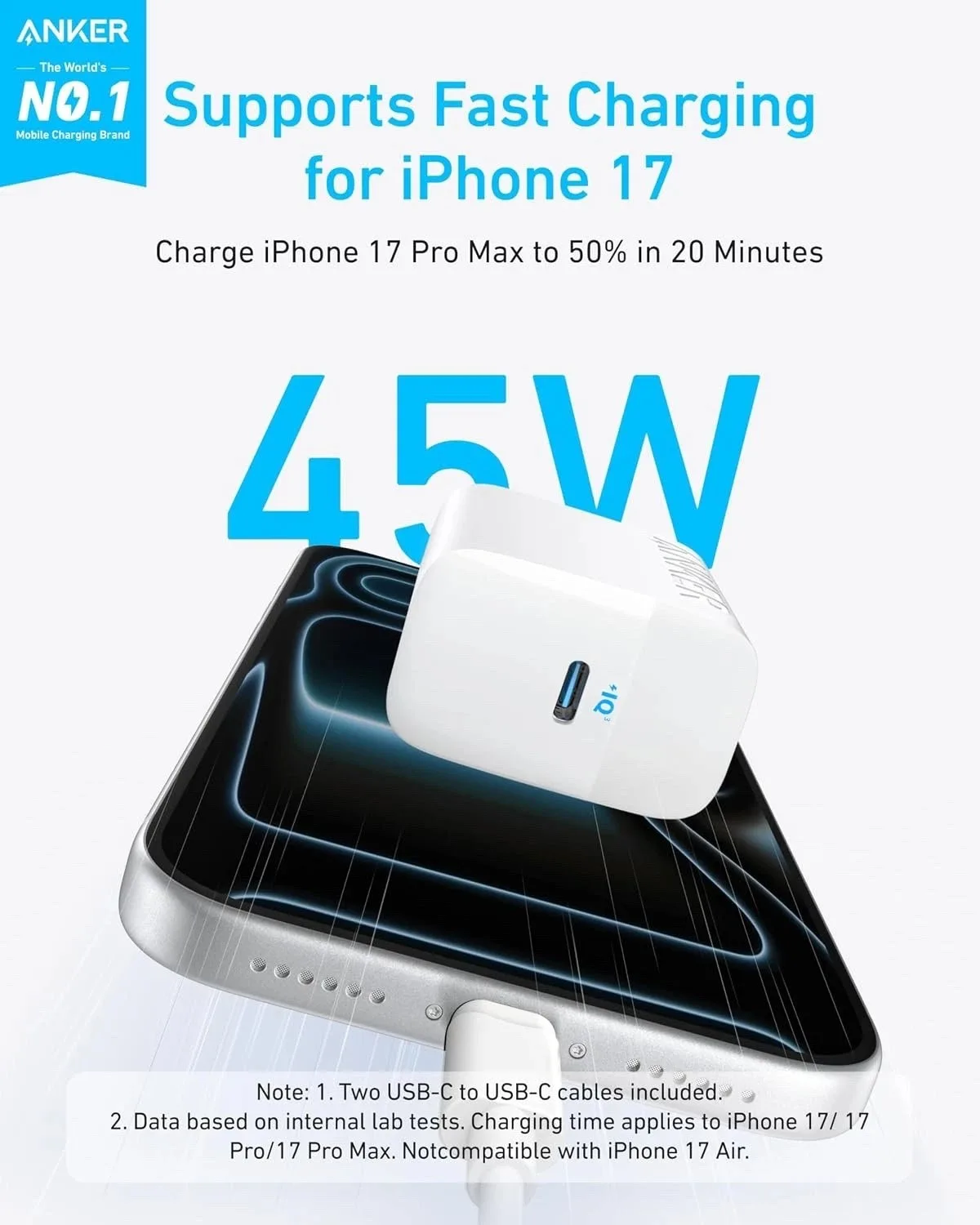 Cargador Anker USB-C 45W GaN carga rápida + cable USB-C 100W Iphone 15 16 17 - Blanco - Imagen 2