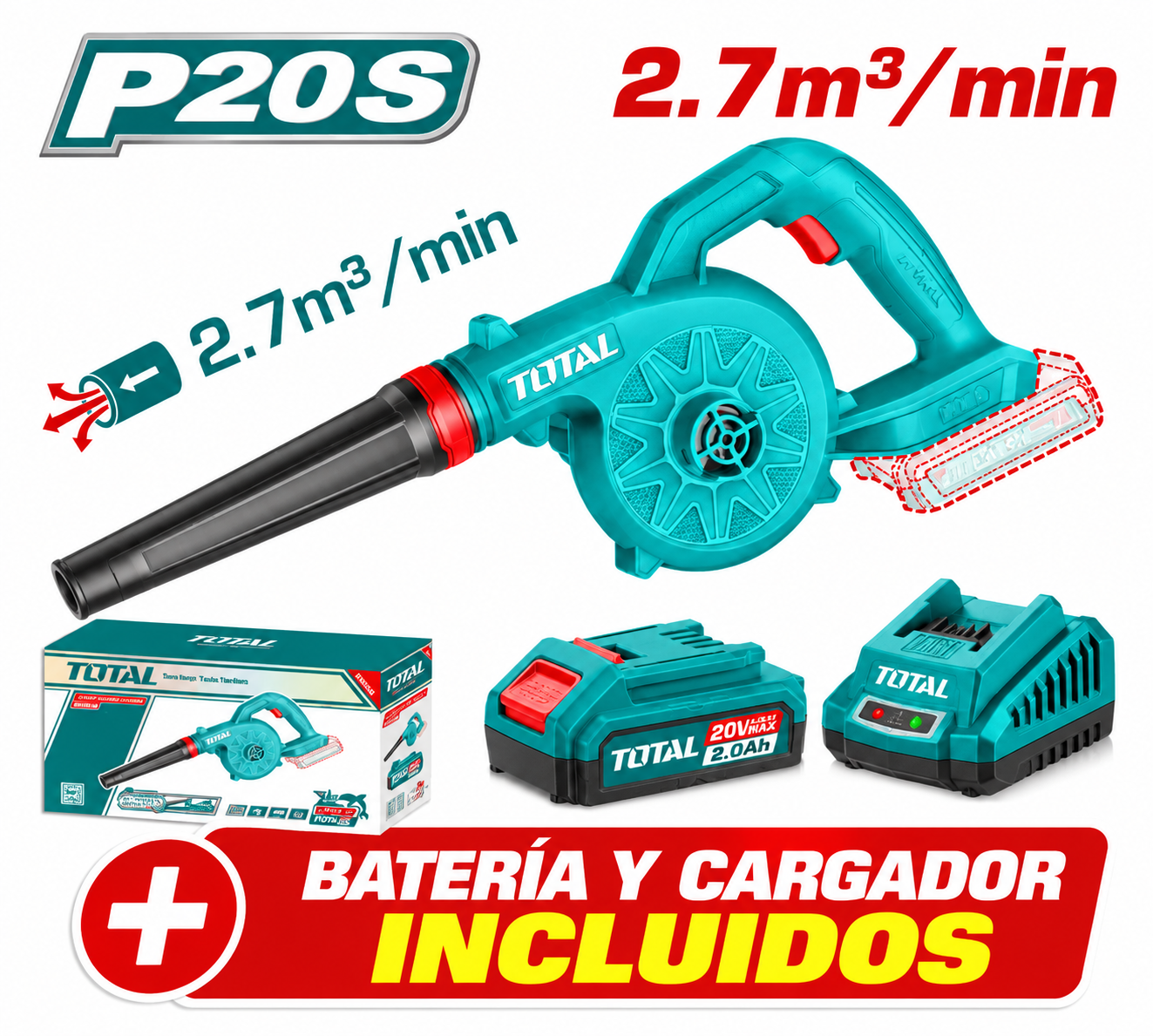 Combo Soplador Total 20V + Batería 2Ah + Cargador 20V P20S