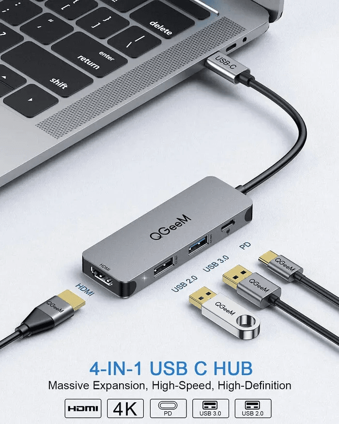 Adaptador Hub USB tipo C QGeeM M4V03 con salida HDMI 4K y carga de 100W
