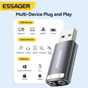 Tarjeta adaptador de Sonido Externa USB a 2 Jack 3.5mm Micrófono y Auricular Essager