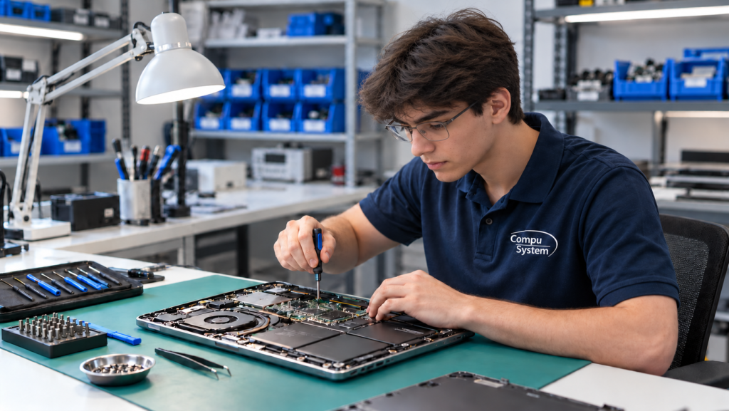 Técnico Compusystem reparando una laptop